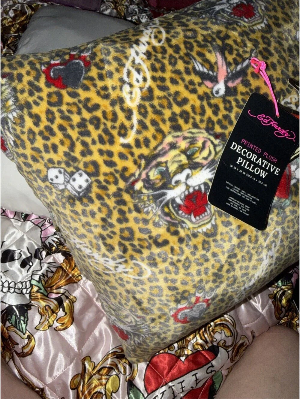 Ed Hardy Tattoo Leopard Print Velvet Decorative Pillows - 20x20